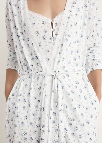 Floral-print dressing gown with lace trim