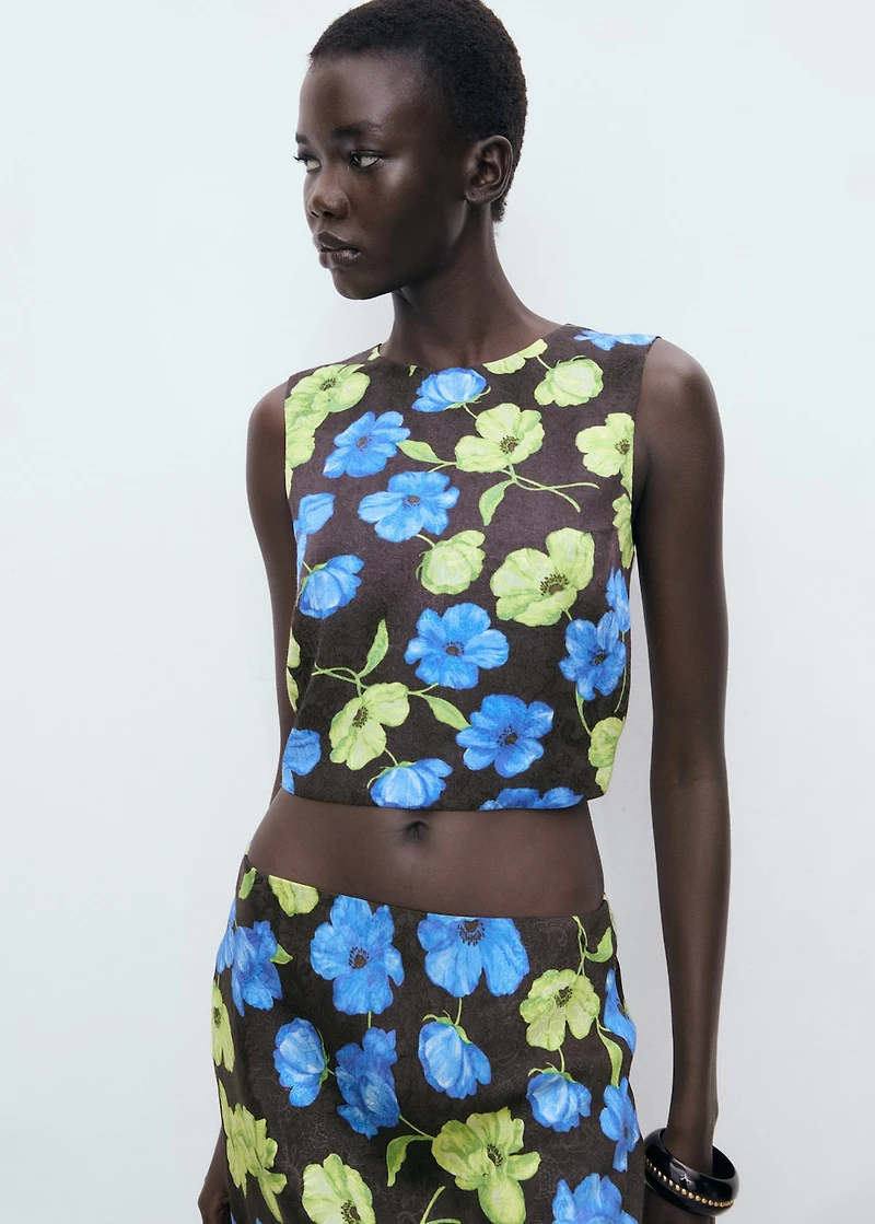 Floral-print open-back cropped blouse