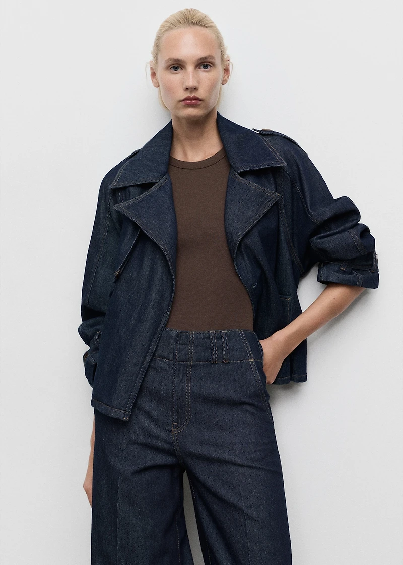 Short denim trench coat with belt