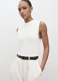 Combined-fabric jumpsuit with belt
