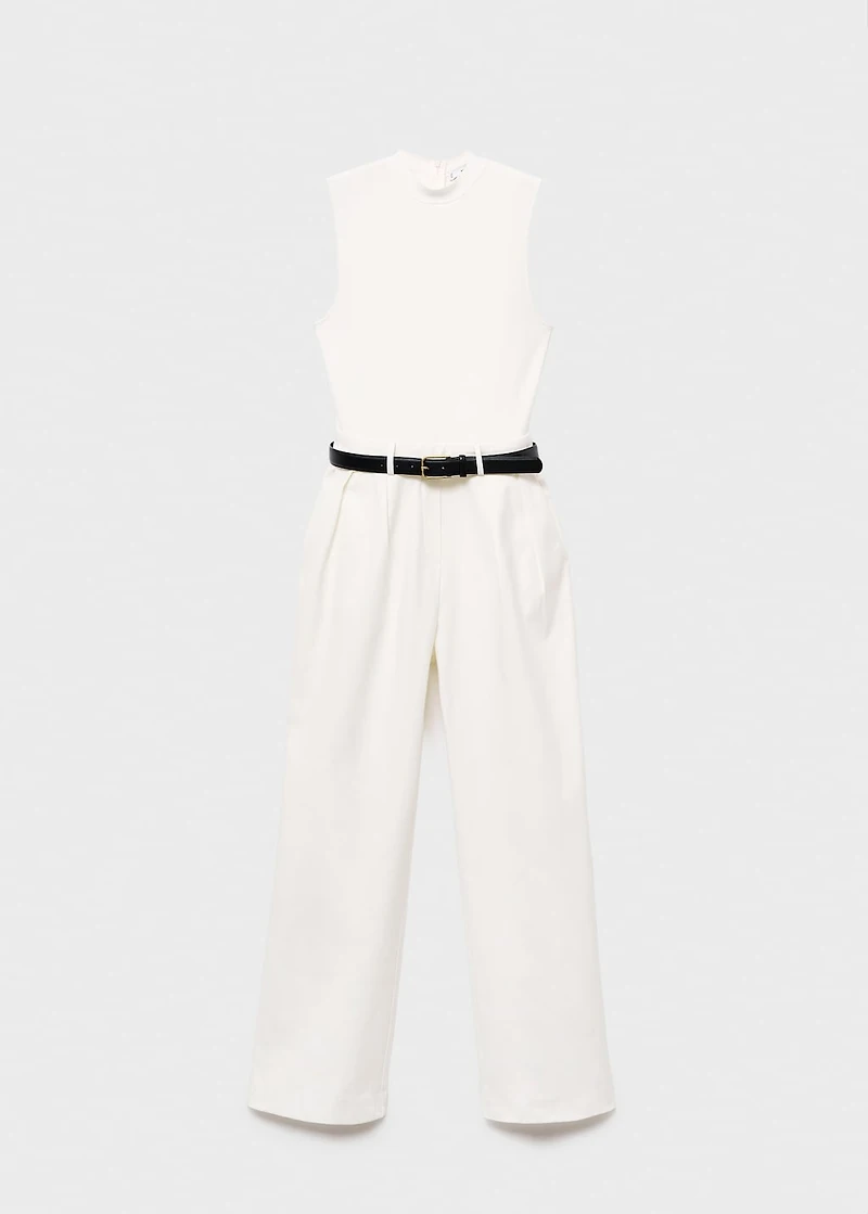 Combined-fabric jumpsuit with belt