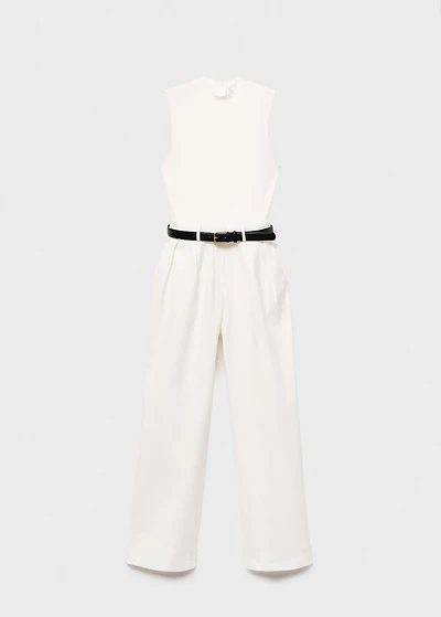 Combined-fabric jumpsuit with belt