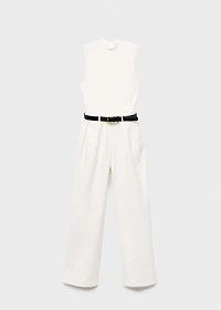 Combined-fabric jumpsuit with belt