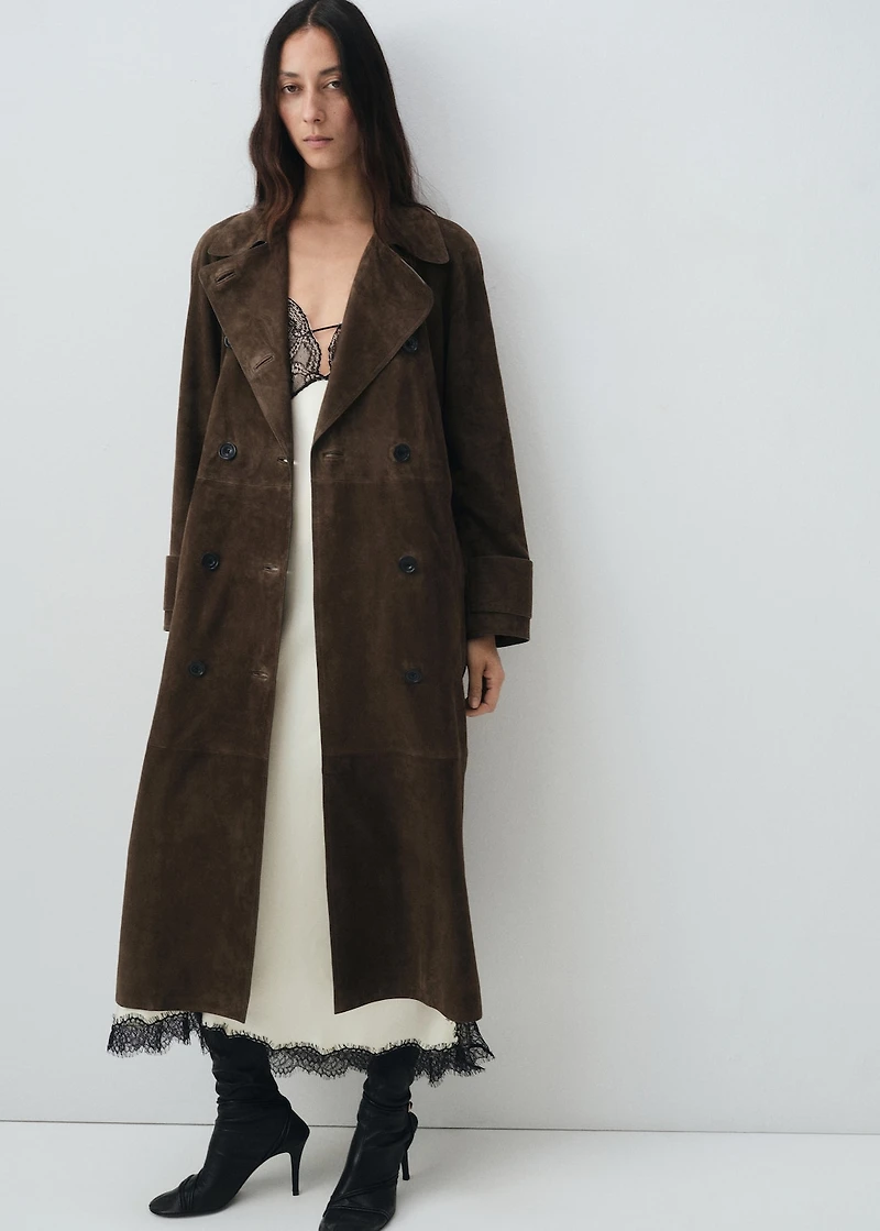 100% suede double-breasted trench coat