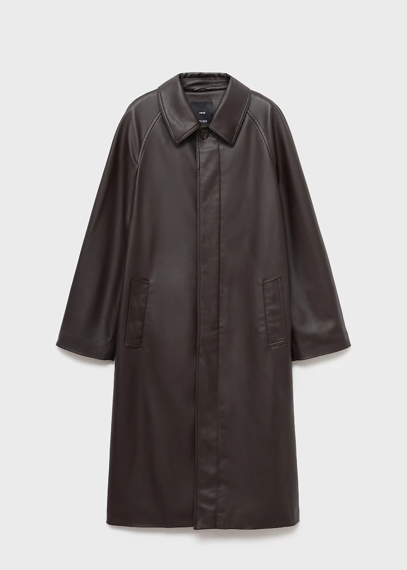 Long faux-leather trench coat