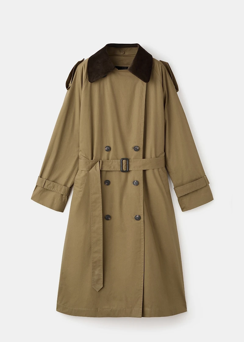 Double-breasted trench coat with corduroy collar
