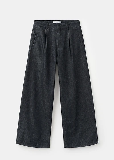 Wide-leg pleated denim trousers