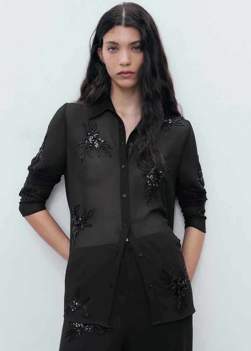Semi-transparent shirt with rhinestone embroidery