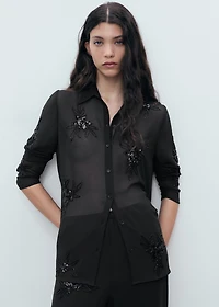 Semi-transparent shirt with rhinestone embroidery