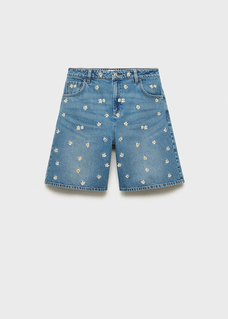 Floral-embroidered denim bermuda shorts