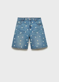 Floral-embroidered denim bermuda shorts