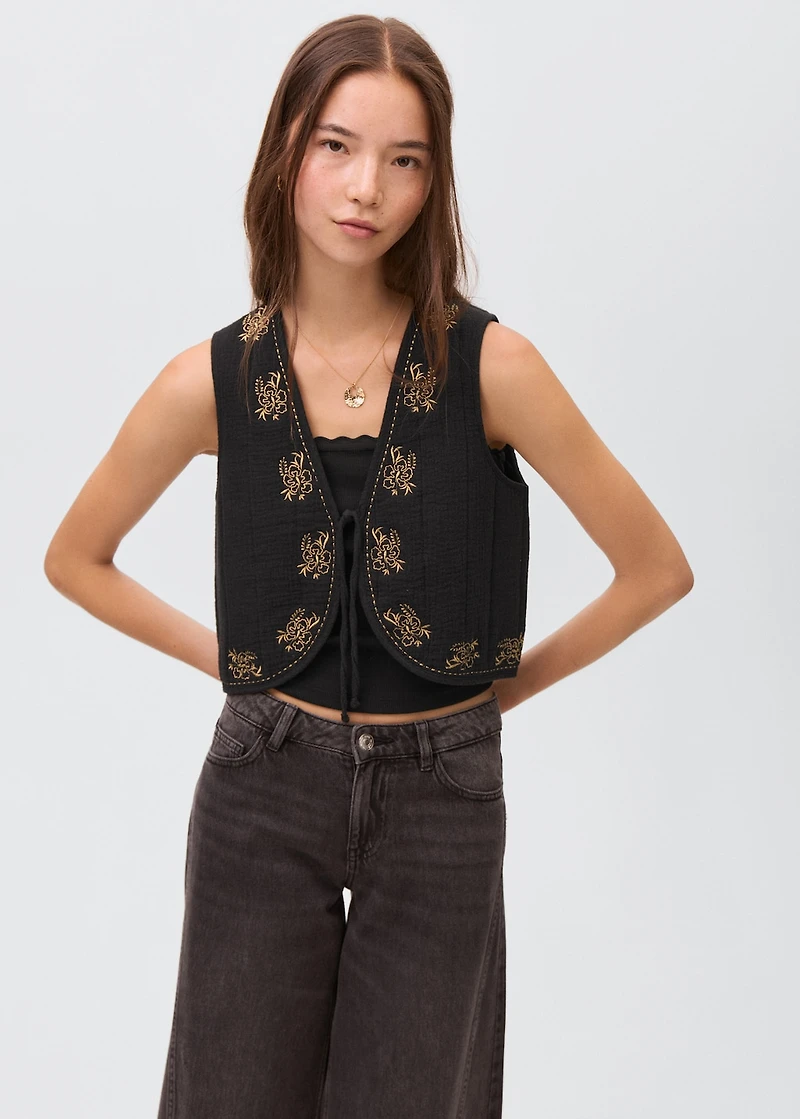 Floral-embroidered vest