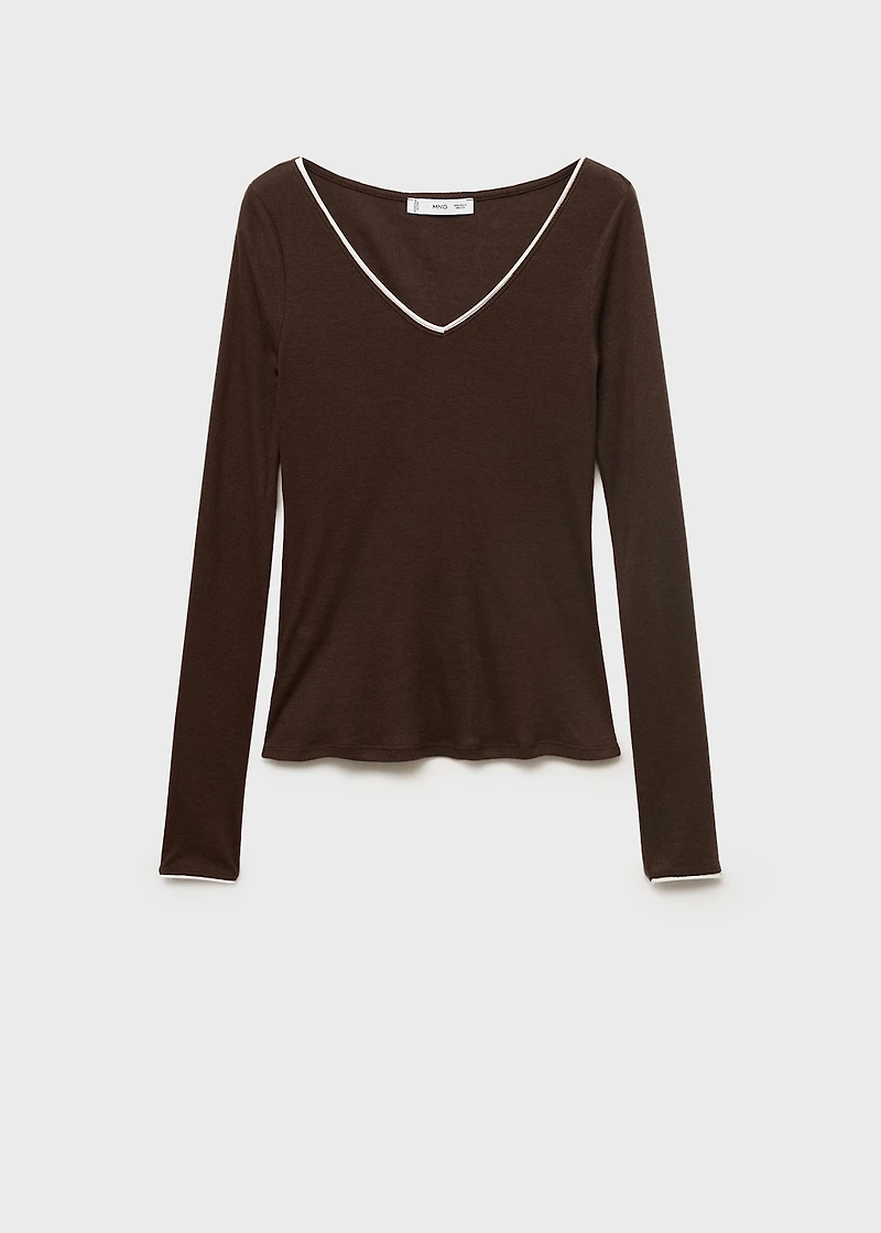 V-neck combined-fabric t-shirt