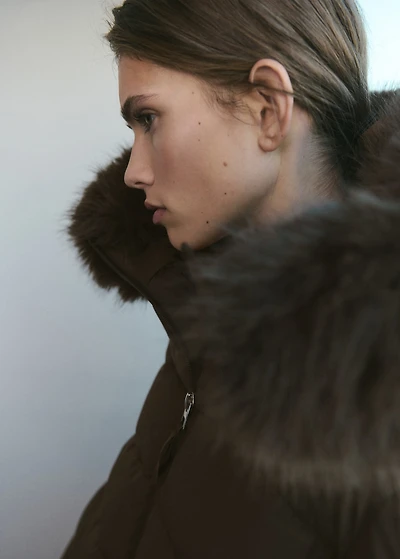 Padded anorak with faux-fur hood