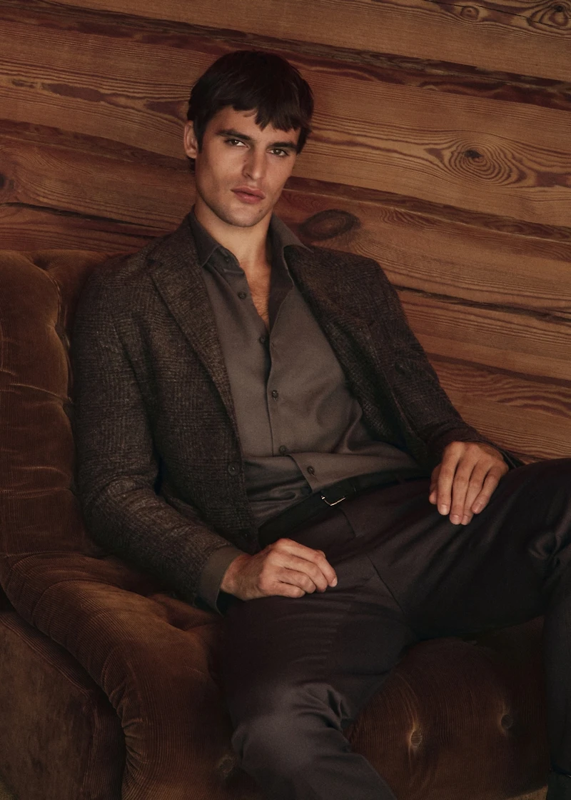 Slim-fit micro-check wool-blend jacket