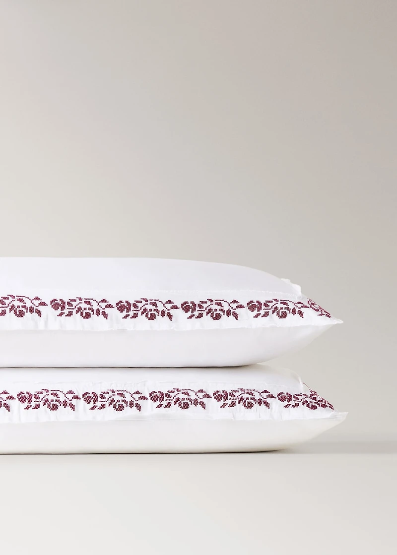 300-thread count satin cotton pillowcase with cross-stitch embroidery, 19.68 x 29.52