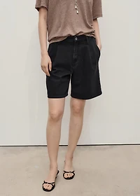 Mid-rise denim bermuda shorts with pleats