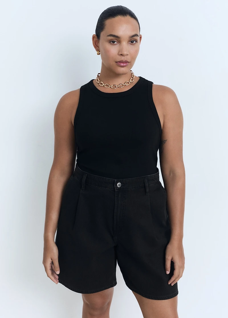 Mid-rise denim bermuda shorts with pleats