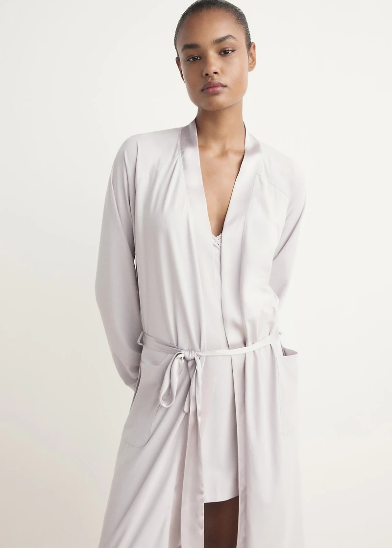Cotton dressing gown with satin trim