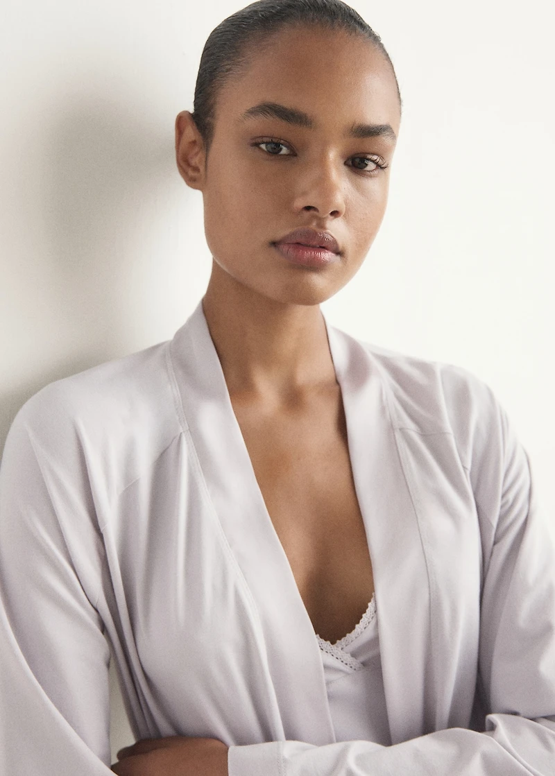 Cotton dressing gown with satin trim