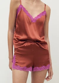 Silk shorts with contrasting lace trim