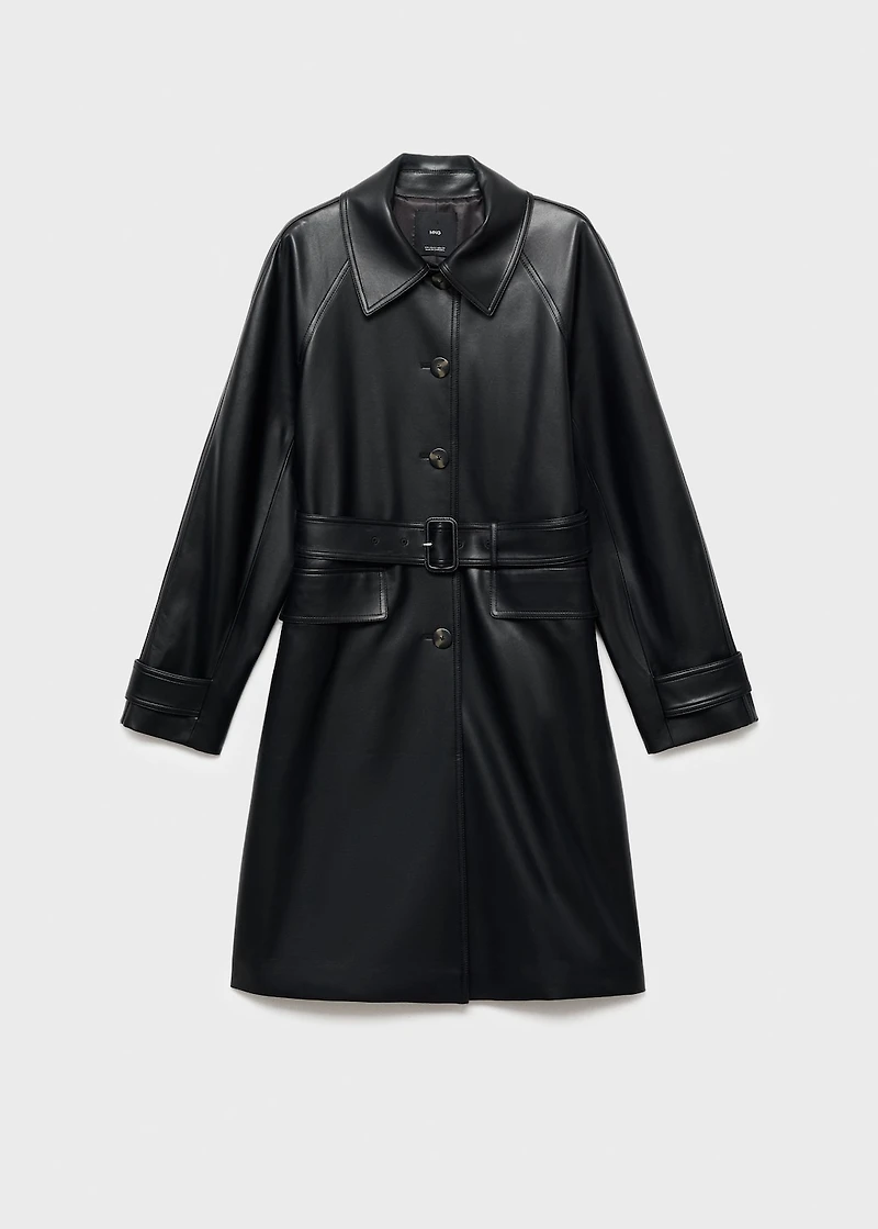 Long faux-leather trench coat with belt