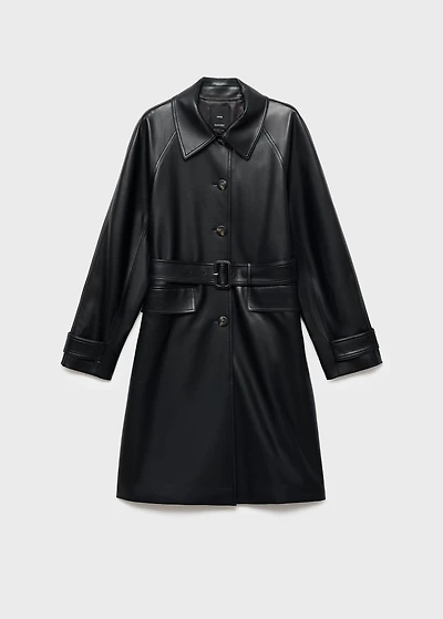 Long faux-leather trench coat with belt