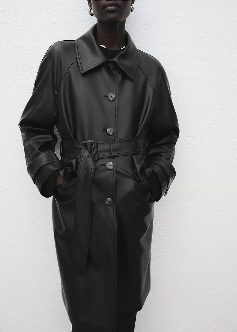 Long faux-leather trench coat with belt