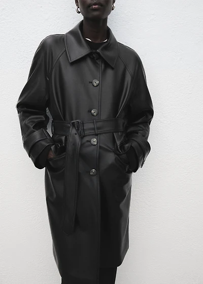 Long faux-leather trench coat with belt