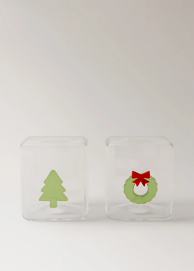 Borosilicate salt and pepper set with crown and tree design