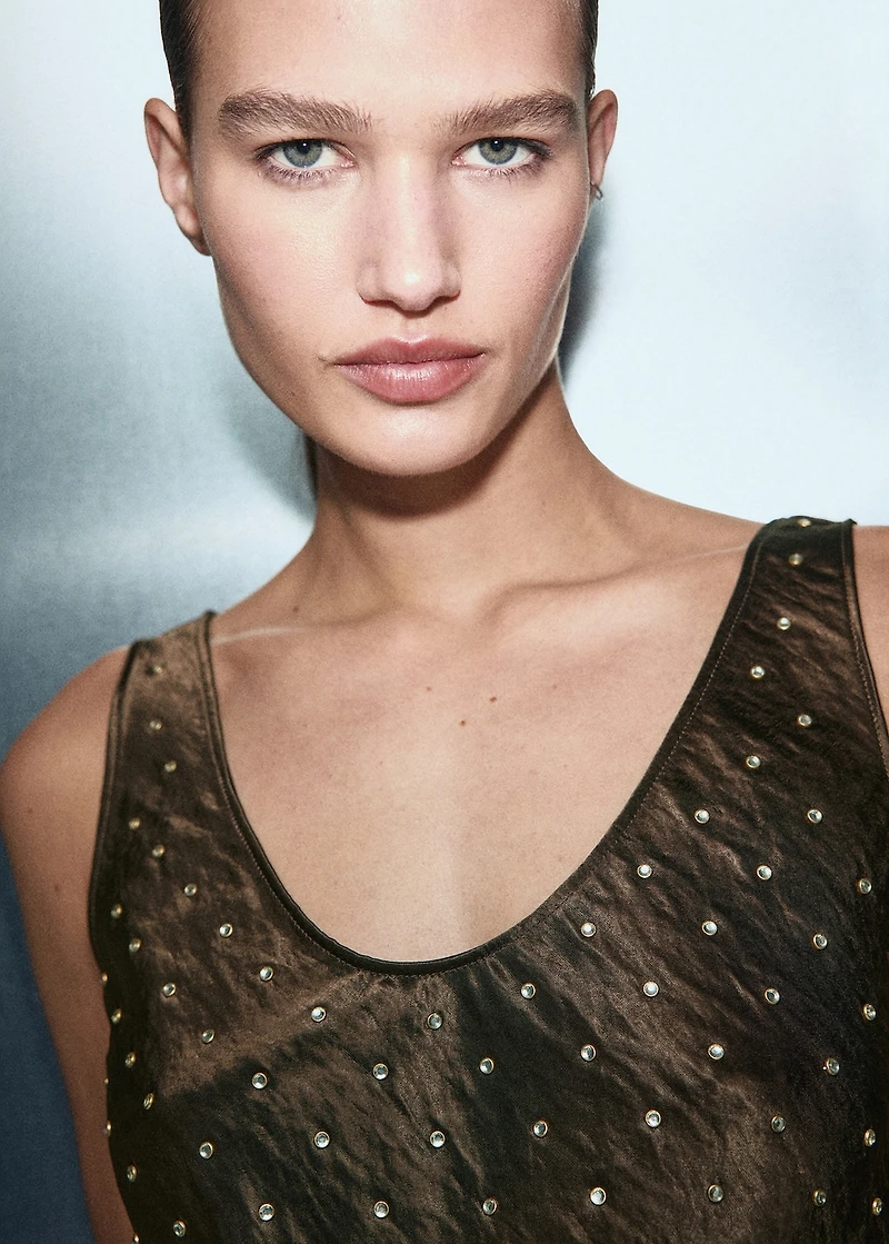 Satin crinkled-effect top with crystals