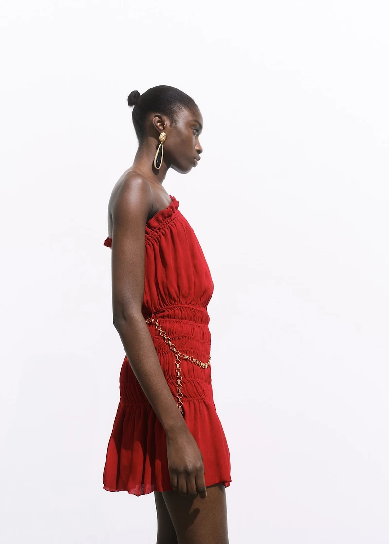 Asymmetrical gathered dress with belt