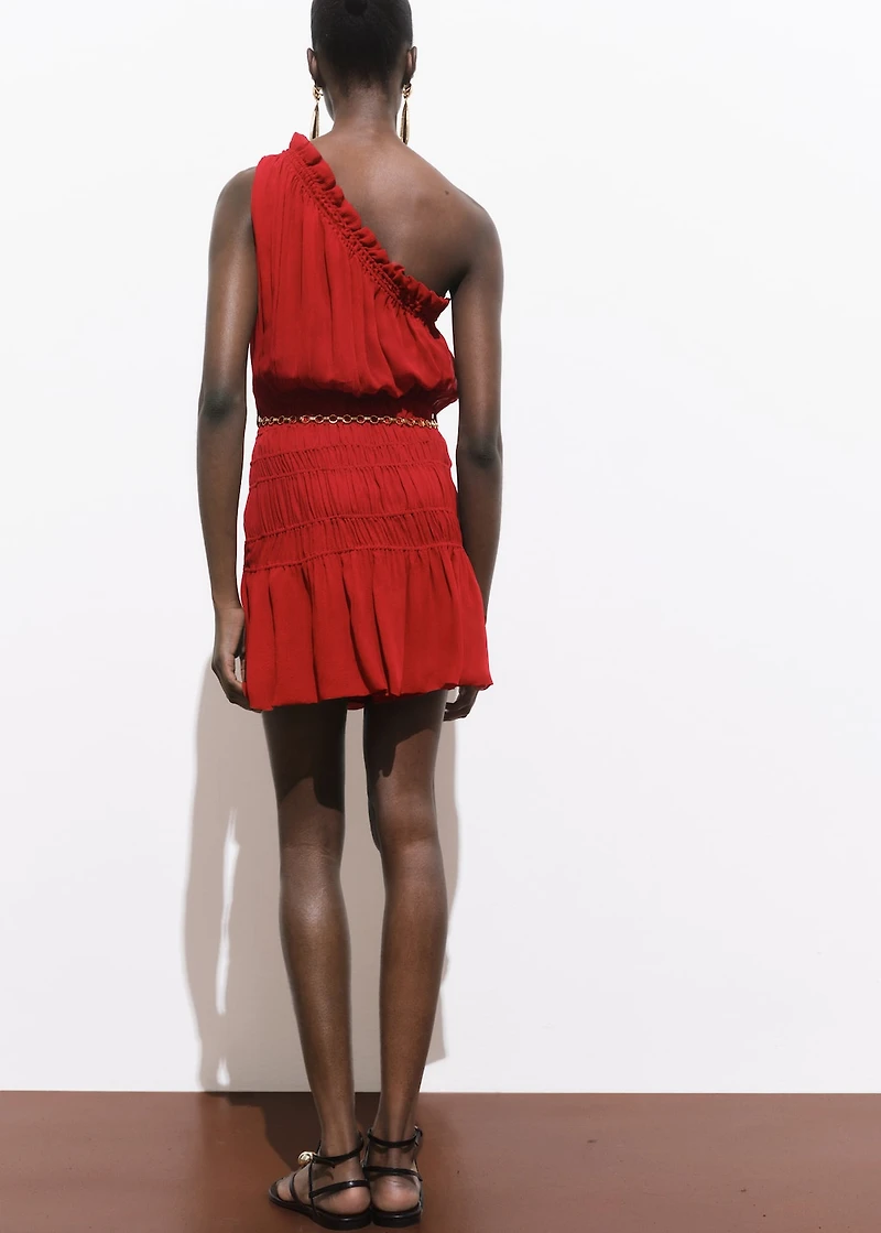 Asymmetrical gathered dress with belt