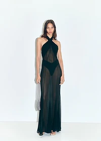 Long semi-transparent dress with crossed neckline
