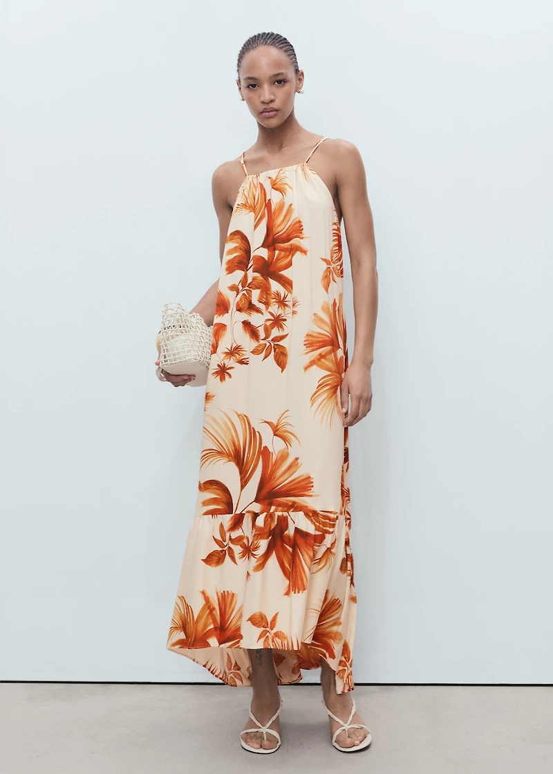 Palm-tree print halter dress