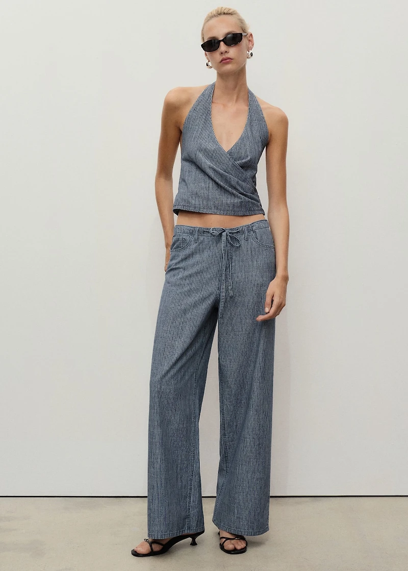 Striped crossover denim top