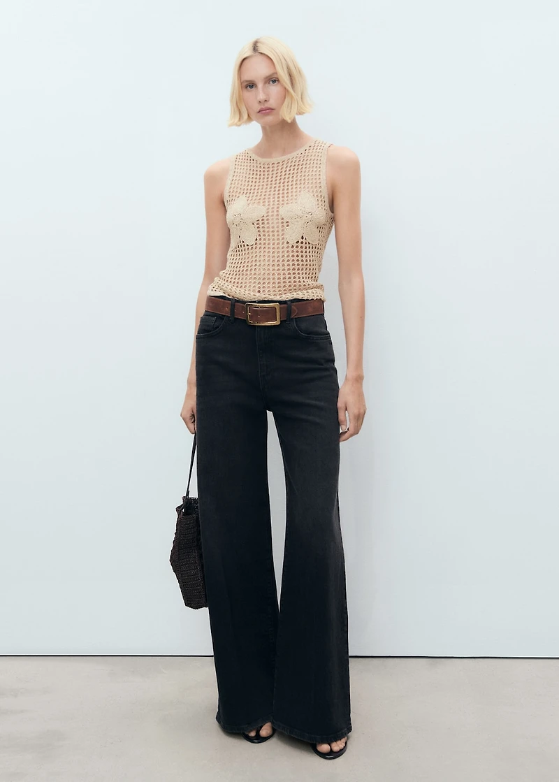 Floral-embroidered crochet top