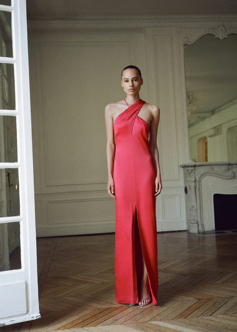 Cross-neckline slit dress