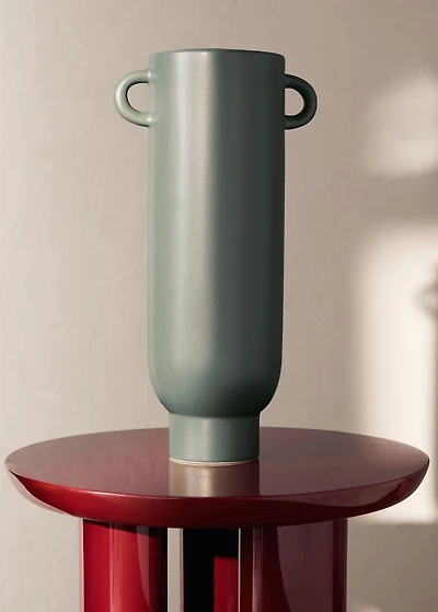 Cylindrical earthenware jug with handles