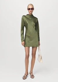 Satin printed dress with perkins collar