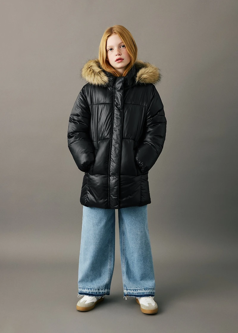 Large anorak with fur-effect hood
