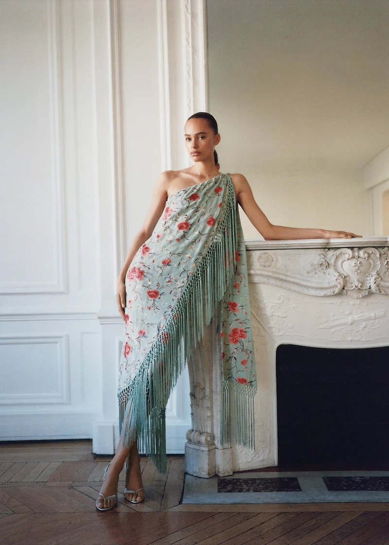 Asymmetrical dress with embroidered fringes