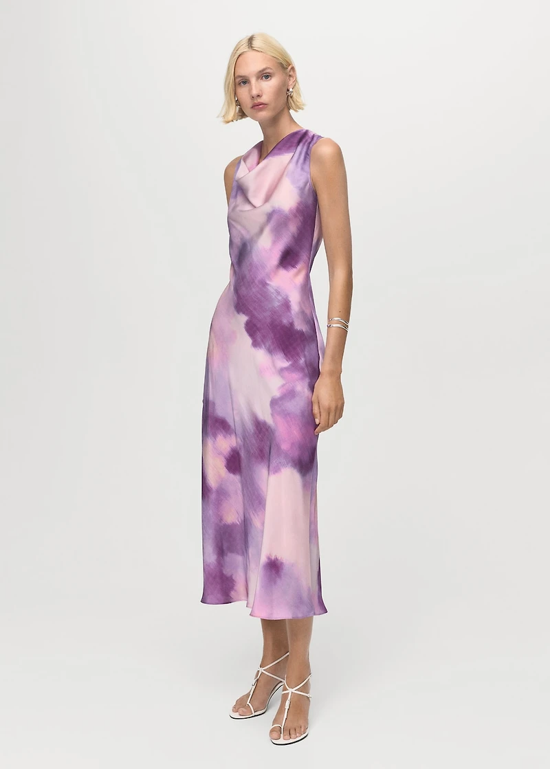 Satin tie-dye dress with draped neckline