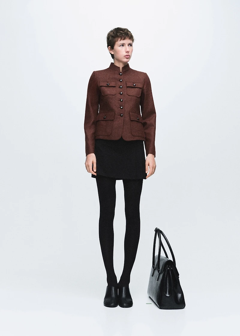 Wool jacket with band collar and pockets