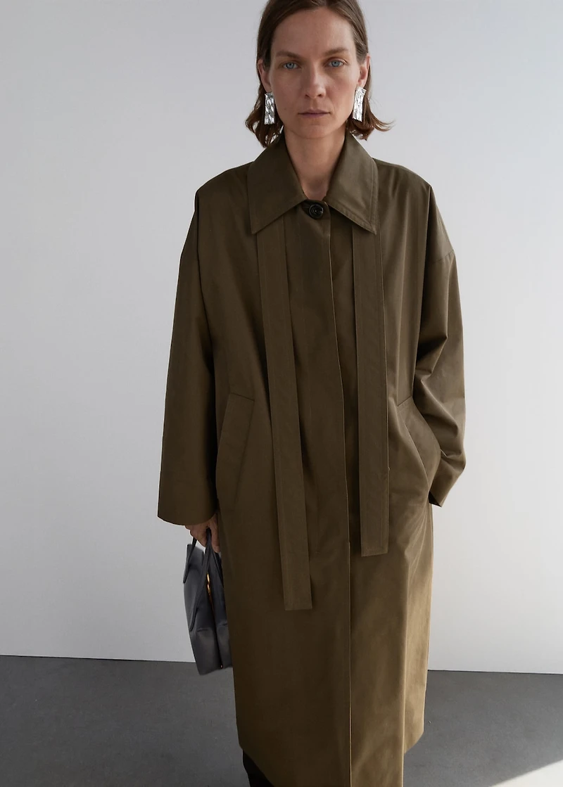 Long cotton trench coat with concealed buttons