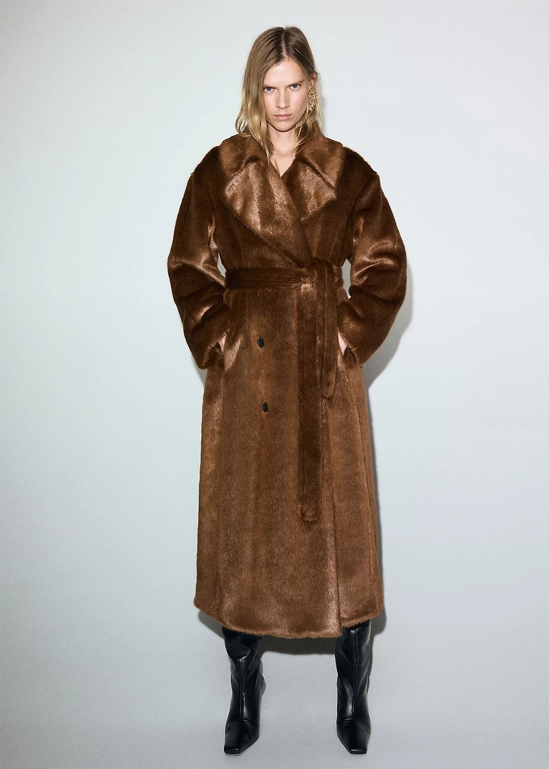 Faux fur effect coat with belt