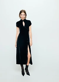 Velvet dress with toggle fastenings and slit