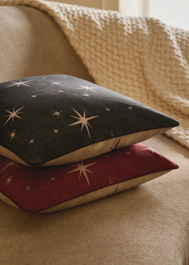 Cotton cushion cover with star print and piping 50x50 cm