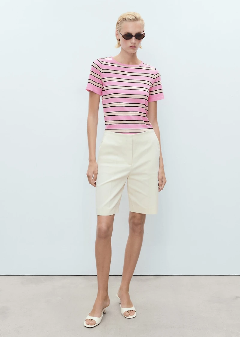 Short-sleeved sweater with combined stripes