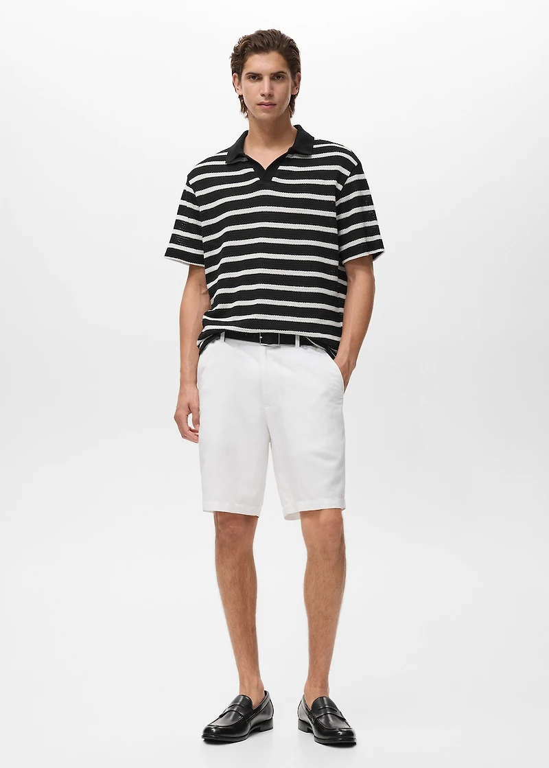 Striped braided-knit polo shirt